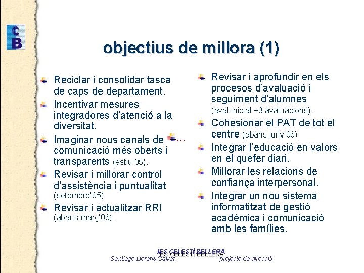 objectius de millora (1) Reciclar i consolidar tasca de caps de departament. Incentivar mesures