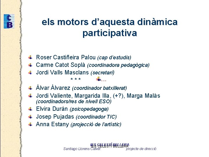 els motors d’aquesta dinàmica participativa Roser Castiñeira Palou (cap d’estudis) Carme Catot Soplà (coordinadora