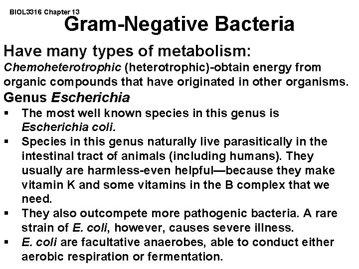 BIOL 3316 Chapter 13 Gram-Negative Bacteria Have many types of metabolism: Chemoheterotrophic (heterotrophic)-obtain energy