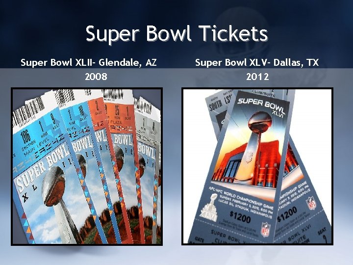 Super Bowl Tickets Super Bowl XLII- Glendale, AZ 2008 Super Bowl XLV- Dallas, TX