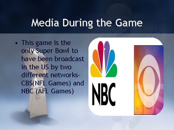 Media During the Game • This game is the only Super Bowl to have