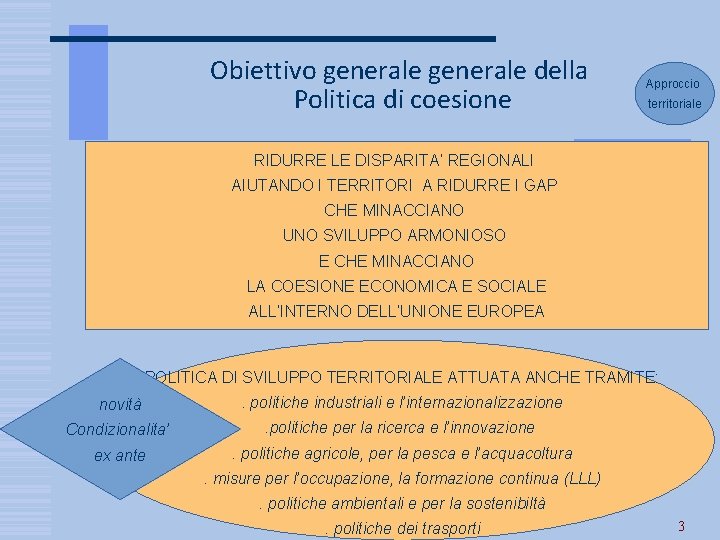 Obiettivo generale della Politica di coesione Approccio territoriale RIDURRE LE DISPARITA’ REGIONALI AIUTANDO I