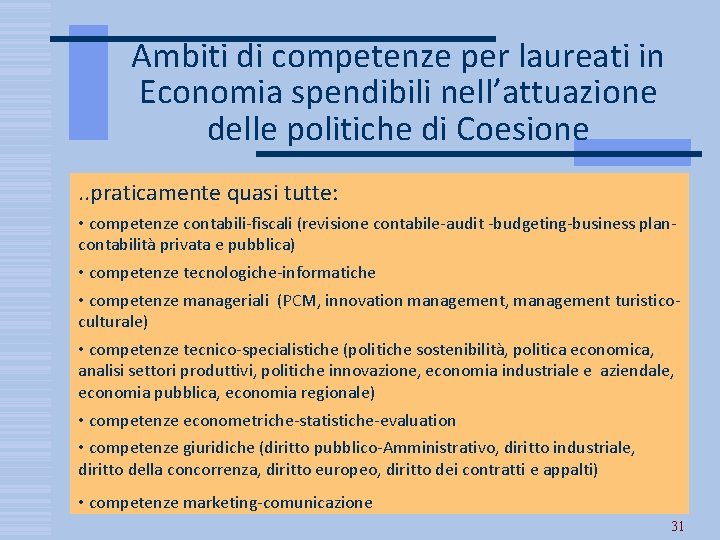 Ambiti di competenze per laureati in Economia spendibili nell’attuazione delle politiche di Coesione. .