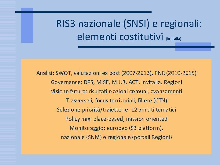 RIS 3 nazionale (SNSI) e regionali: elementi costitutivi (in Italia) Analisi: SWOT, valutazioni ex