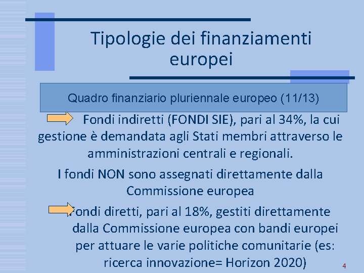 Tipologie dei finanziamenti europei Quadro finanziario pluriennale europeo (11/13) Fondi indiretti (FONDI SIE), pari