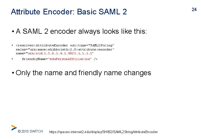 Attribute Encoder: Basic SAML 2 • A SAML 2 encoder always looks like this:
