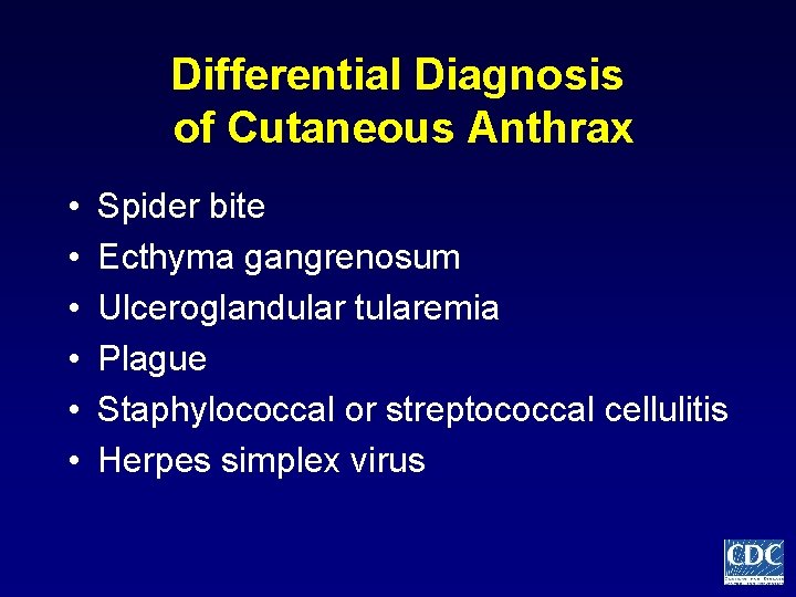 Differential Diagnosis of Cutaneous Anthrax • • • Spider bite Ecthyma gangrenosum Ulceroglandular tularemia