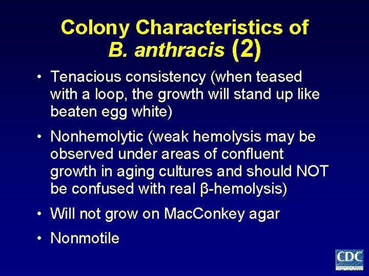 Colony Characteristics of B. anthracis (2) • Tenacious consistency (when teased with a loop,