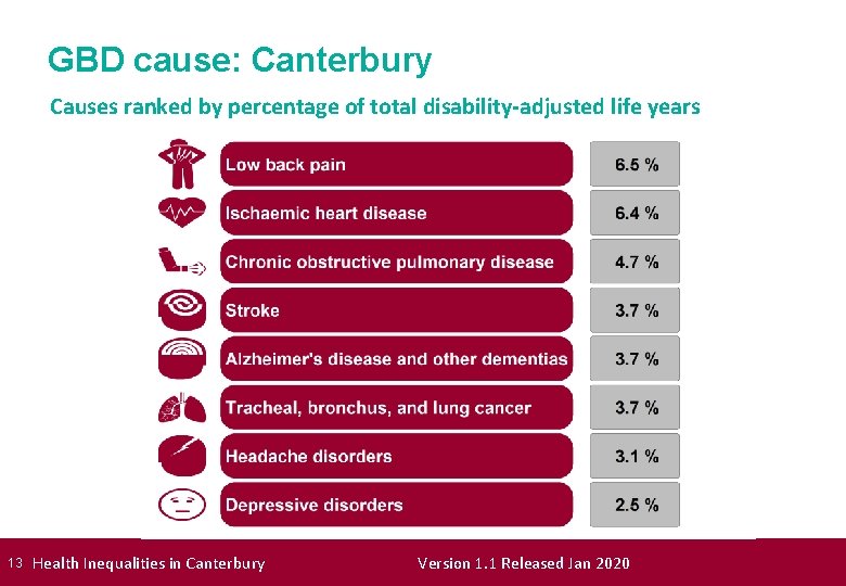 GBD cause: Canterbury Causes ranked by percentage of total disability-adjusted life years 13 Health
