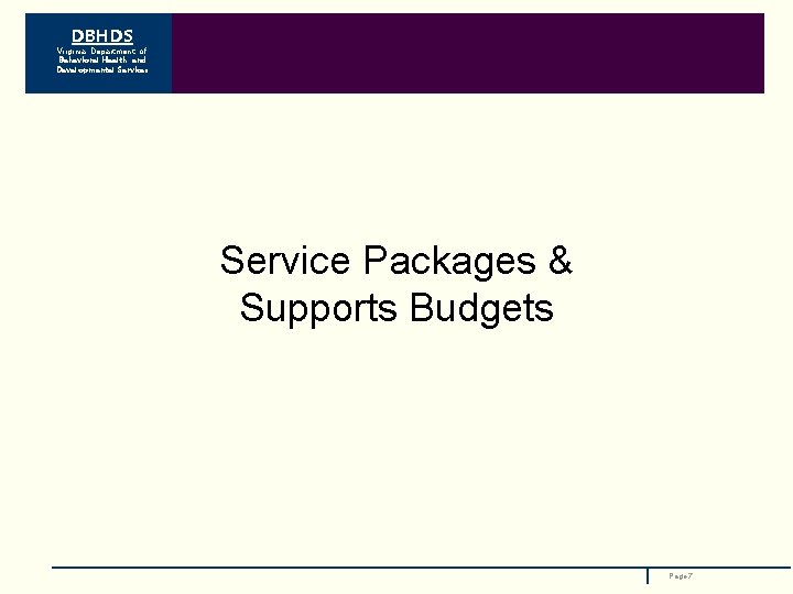 DBHDS Virginia Department of Behavioral Health and Developmental Services Service Packages & Supports Budgets
