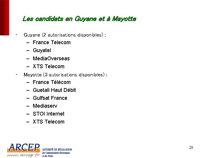 Les candidats en Guyane et à Mayotte • Guyane (2 autorisations disponibles) : –