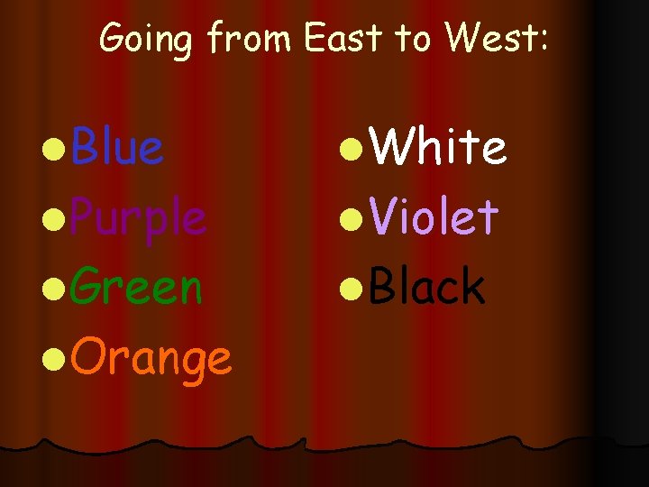 Going from East to West: l. Blue l. White l. Green l. Black l.