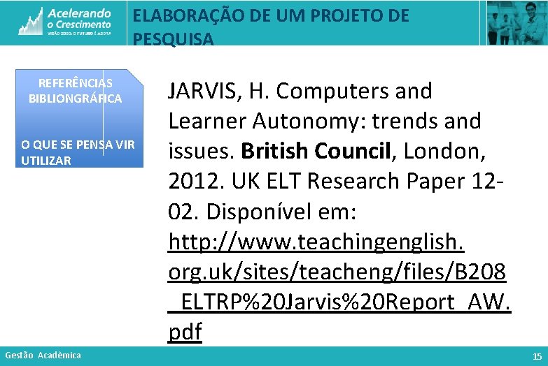 ELABORAÇÃO DE UM PROJETO DE PESQUISA REFERÊNCIAS BIBLIONGRÁFICA O QUE SE PENSA VIR UTILIZAR