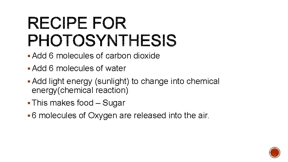 § Add 6 molecules of carbon dioxide § Add 6 molecules of water §