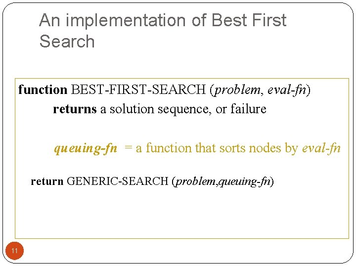 An implementation of Best First Search function BEST-FIRST-SEARCH (problem, eval-fn) returns a solution sequence,