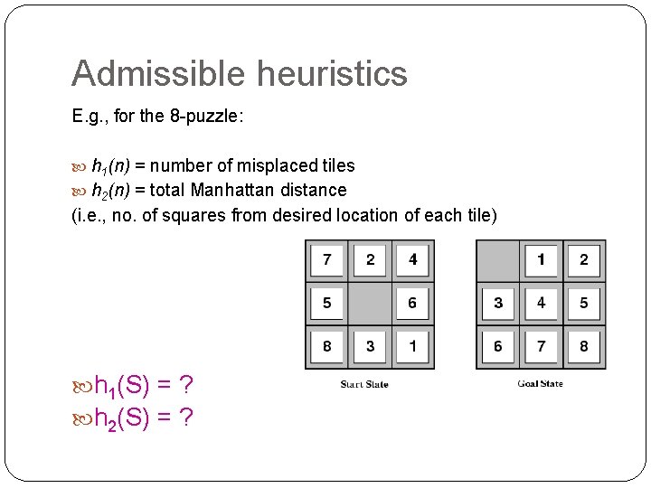 Admissible heuristics E. g. , for the 8 -puzzle: h 1(n) = number of