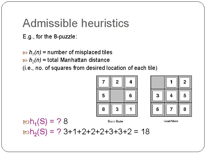 Admissible heuristics E. g. , for the 8 -puzzle: h 1(n) = number of