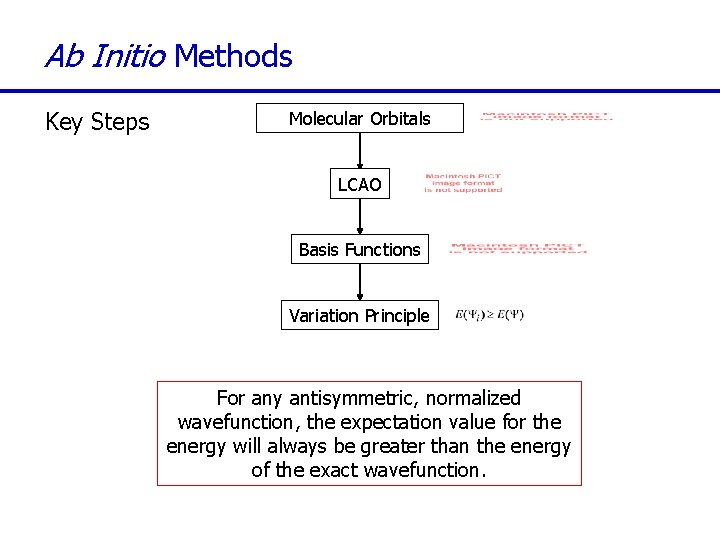 Ab Initio Methods Key Steps Molecular Orbitals LCAO Basis Functions Variation Principle For any