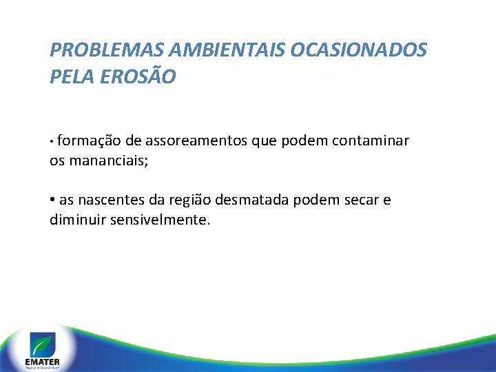 PROBLEMAS AMBIENTAIS OCASIONADOS PELA EROSÃO • formação de assoreamentos que podem contaminar os mananciais;