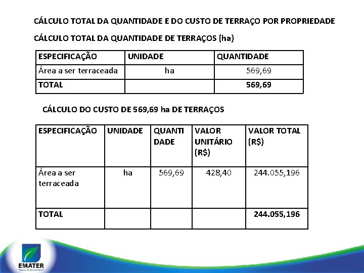 CÁLCULO TOTAL DA QUANTIDADE E DO CUSTO DE TERRAÇO POR PROPRIEDADE CÁLCULO TOTAL DA