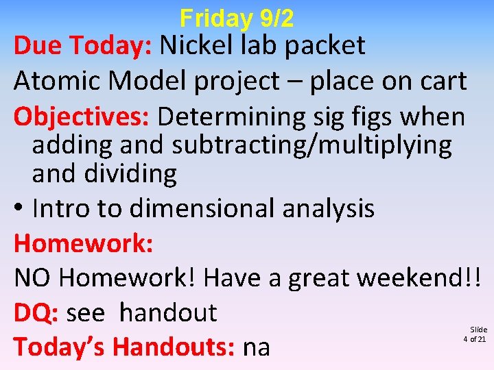 Friday 9/2 Due Today: Nickel lab packet Atomic Model project – place on cart