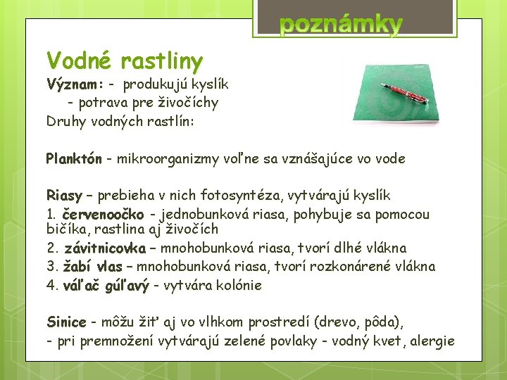 Vodné rastliny Význam: - produkujú kyslík - potrava pre živočíchy Druhy vodných rastlín: Planktón