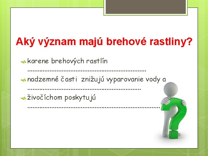 Aký význam majú brehové rastliny? korene brehových rastlín. . . . . nadzemné časti