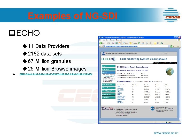 Examples of NG-SDI p. ECHO u 11 Data Providers u 2162 data sets u