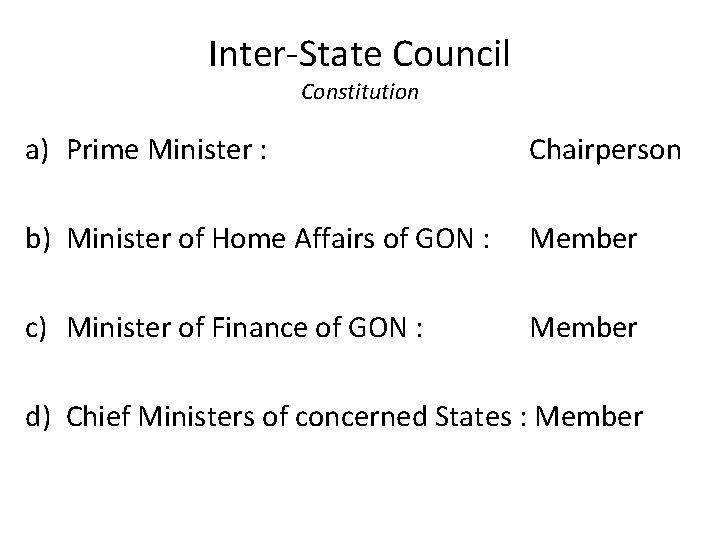 Inter-State Council Constitution a) Prime Minister : Chairperson b) Minister of Home Affairs of