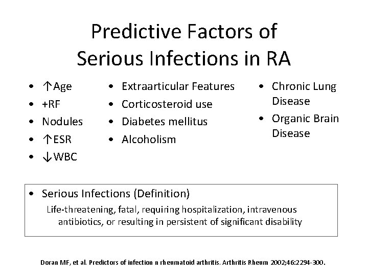 Predictive Factors of Serious Infections in RA • • • ↑Age +RF Nodules ↑ESR