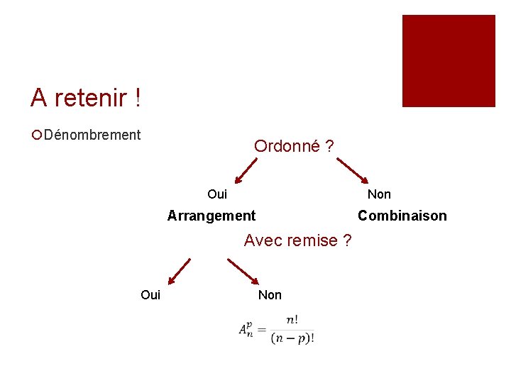 A retenir ! ¡Dénombrement Ordonné ? Oui Non Combinaison Arrangement Avec remise ? Oui