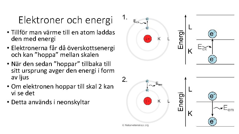 Elektroner och energi • Tillför man värme till en atom laddas den med energi