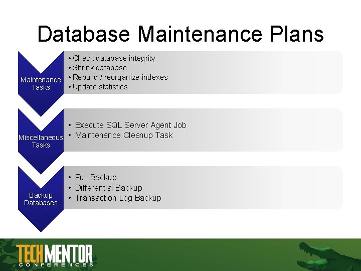 Database Maintenance Plans • Check database integrity • Shrink database Maintenance • Rebuild / Database Maintenance Plans • Check database integrity • Shrink database Maintenance • Rebuild /