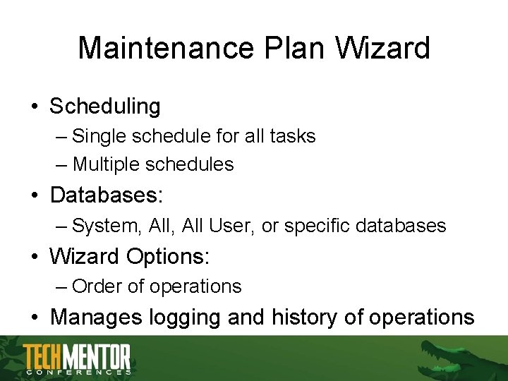 Maintenance Plan Wizard • Scheduling – Single schedule for all tasks – Multiple schedules Maintenance Plan Wizard • Scheduling – Single schedule for all tasks – Multiple schedules
