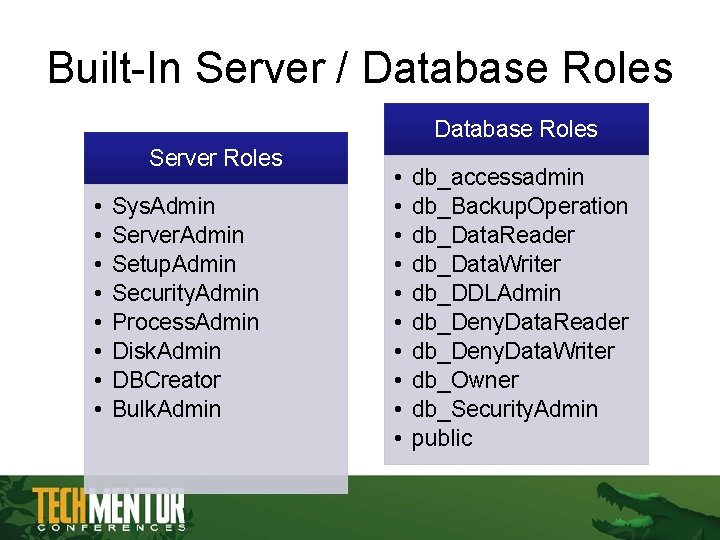 Built-In Server / Database Roles Server Roles • • Sys. Admin Server. Admin Setup. Built-In Server / Database Roles Server Roles • • Sys. Admin Server. Admin Setup.