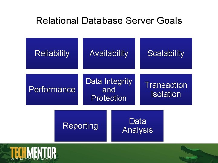 Relational Database Server Goals Reliability Availability Scalability Performance Data Integrity and Protection Transaction Isolation Relational Database Server Goals Reliability Availability Scalability Performance Data Integrity and Protection Transaction Isolation