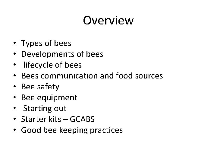 Overview • • • Types of bees Developments of bees lifecycle of bees Bees
