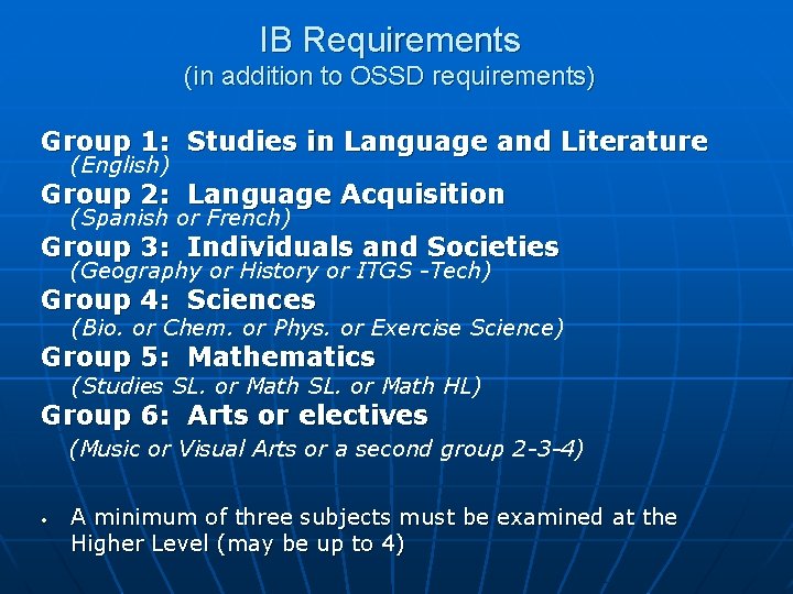 IB Requirements (in addition to OSSD requirements) Group 1: Studies in Language and Literature