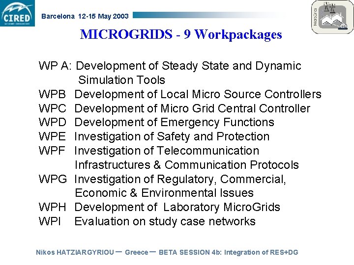 Barcelona 12 -15 May 2003 MICROGRIDS - 9 Workpackages WP A: Development of Steady