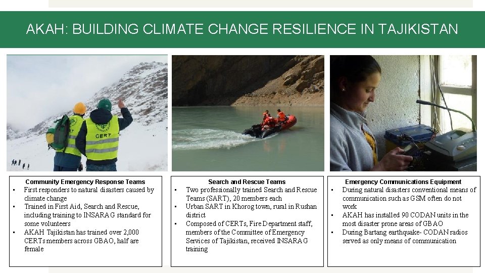 AKAH: BUILDING CLIMATE CHANGE RESILIENCE IN TAJIKISTAN Community Emergency Response Teams • • •