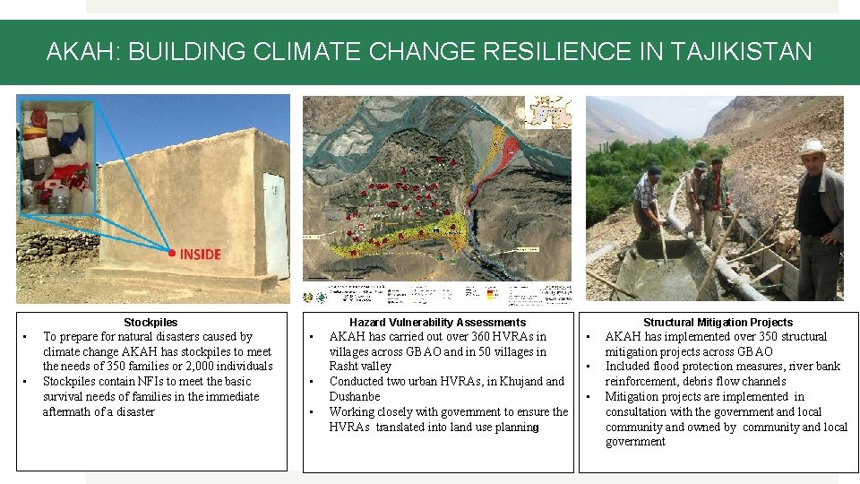 AKAH: BUILDING CLIMATE CHANGE RESILIENCE IN TAJIKISTAN Stockpiles • • To prepare for natural