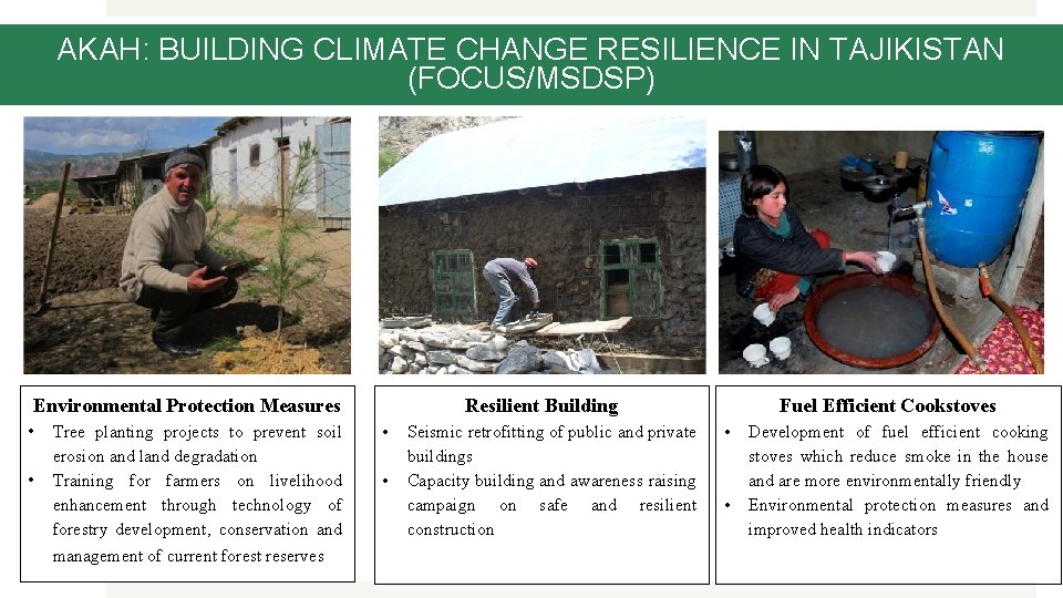 AKAH: BUILDING CLIMATE CHANGE RESILIENCE IN TAJIKISTAN (FOCUS/MSDSP) Environmental Protection Measures • • Tree