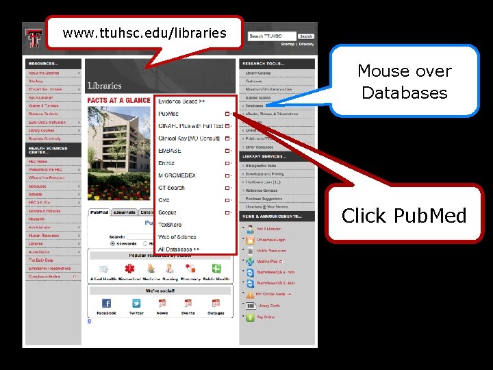 www. ttuhsc. edu/libraries Mouse over Databases Click Pub. Med 