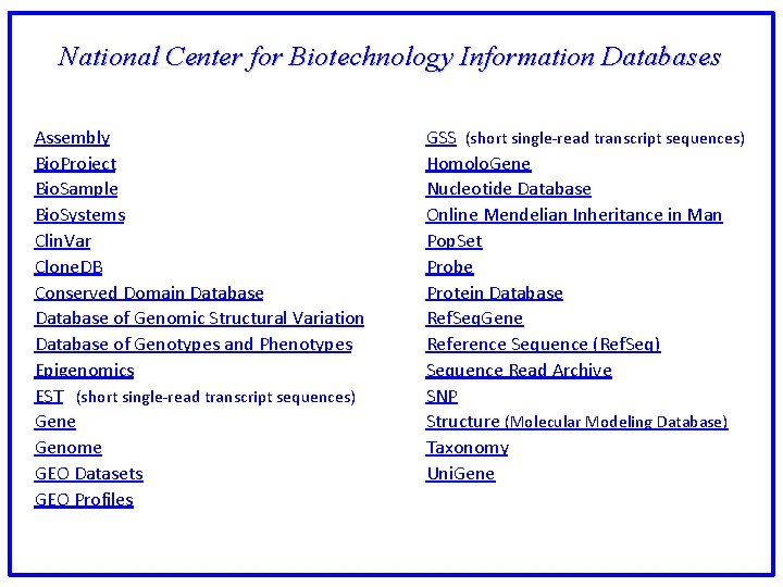 National Center for Biotechnology Information Databases Assembly Bio. Project Bio. Sample Bio. Systems Clin.