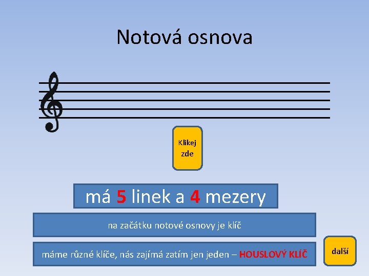 Notová osnova Klikej zde má 5 linek a 4 mezery na začátku notové osnovy