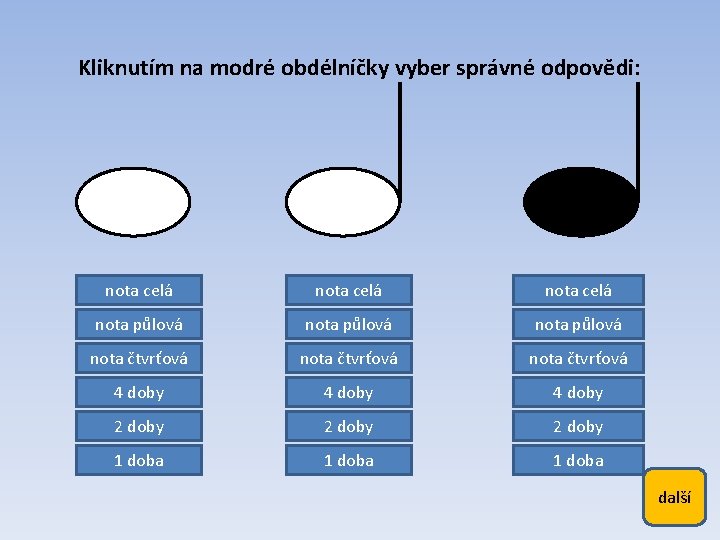 Kliknutím na modré obdélníčky vyber správné odpovědi: nota celá nota půlová nota čtvrťová 4