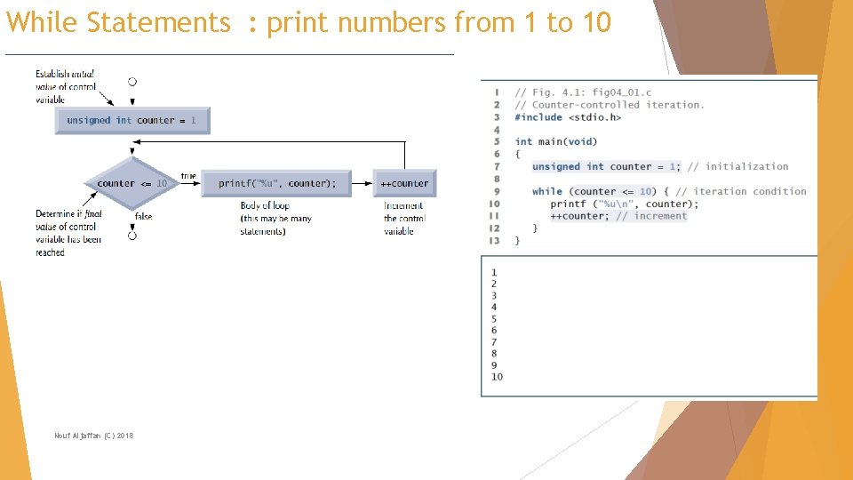While Statements : print numbers from 1 to 10 Nouf Aljaffan (C) 2018 
