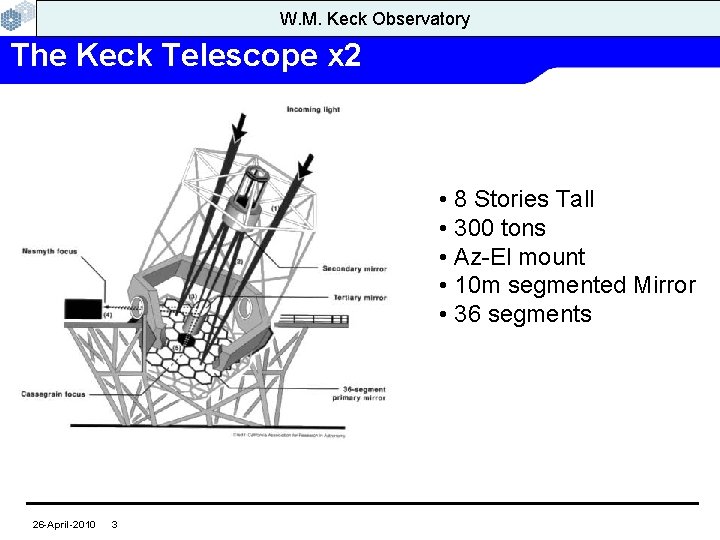 W. M. Keck Observatory The Keck Telescope x 2 • 8 Stories Tall •