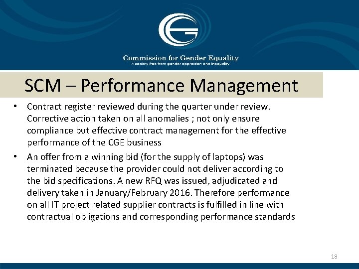 SCM – Performance Management • Contract register reviewed during the quarter under review. Corrective