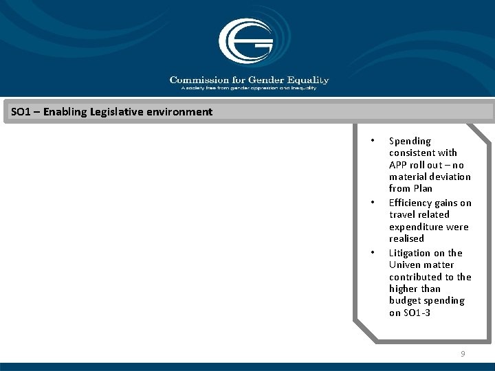 SO 1 – Enabling Legislative environment • • • Spending consistent with APP roll